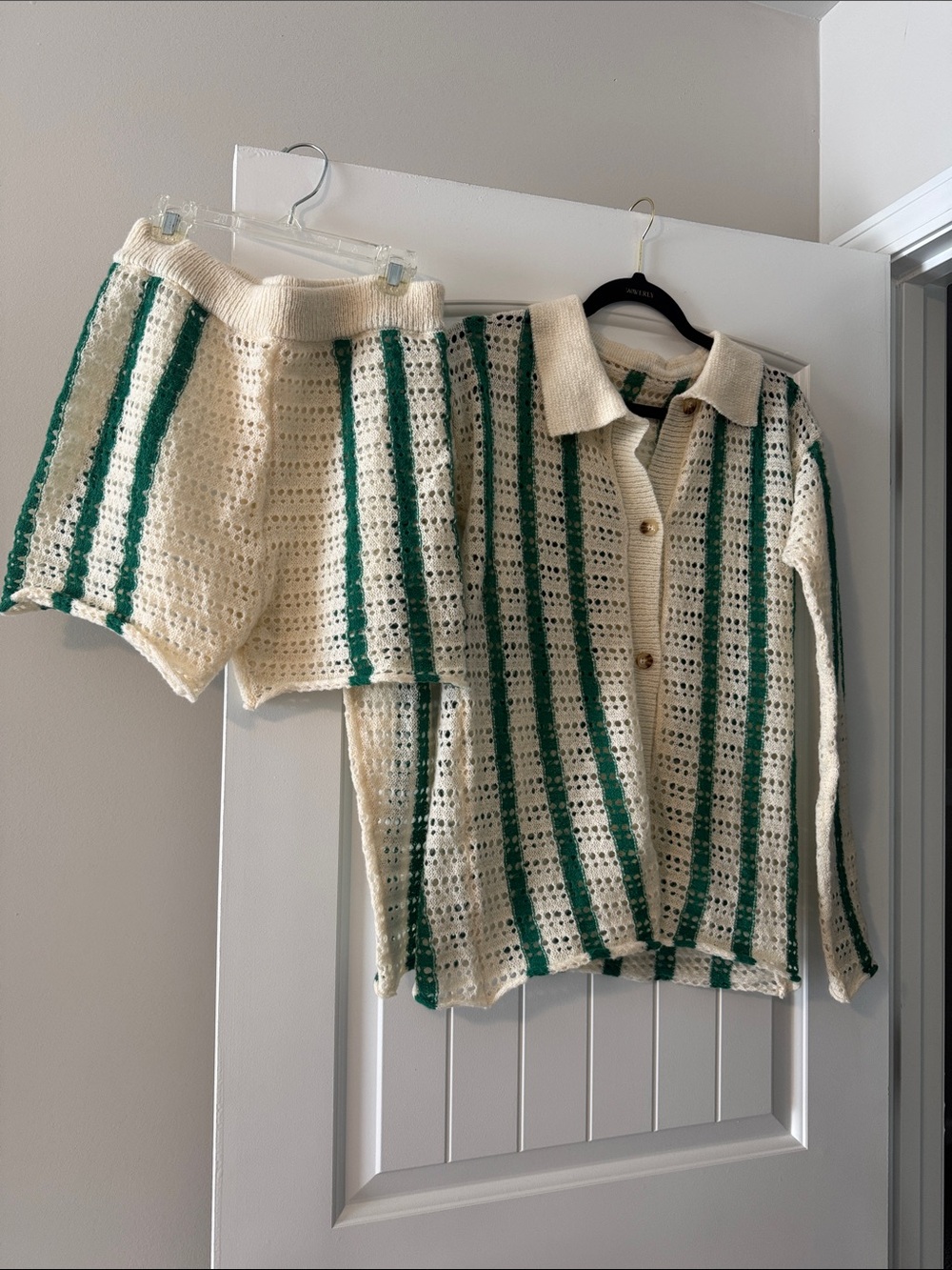 Cream Crochet Button-Front Top & Matching Shorts with Green Stripes